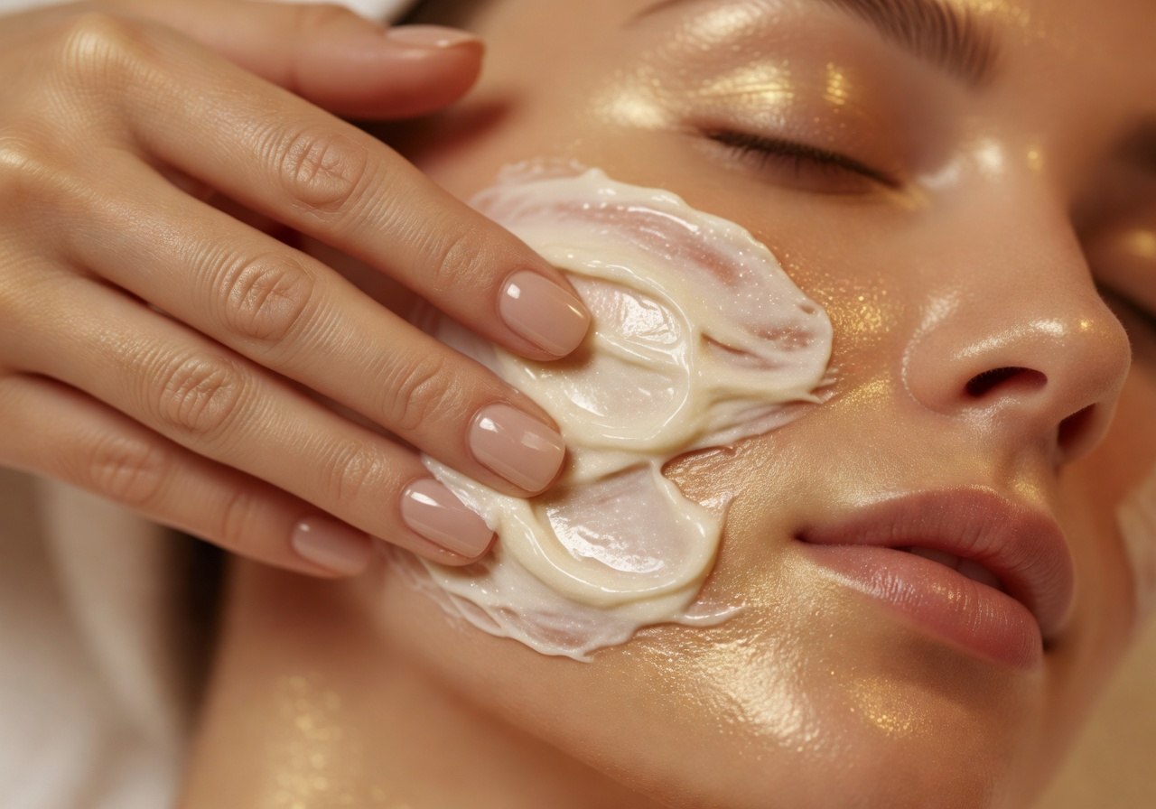 Pflegende Hände tragen Wirkstoffmaske auf