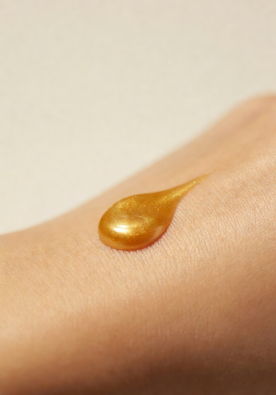 Goldener Serum-Tropfen auf feiner Haut
